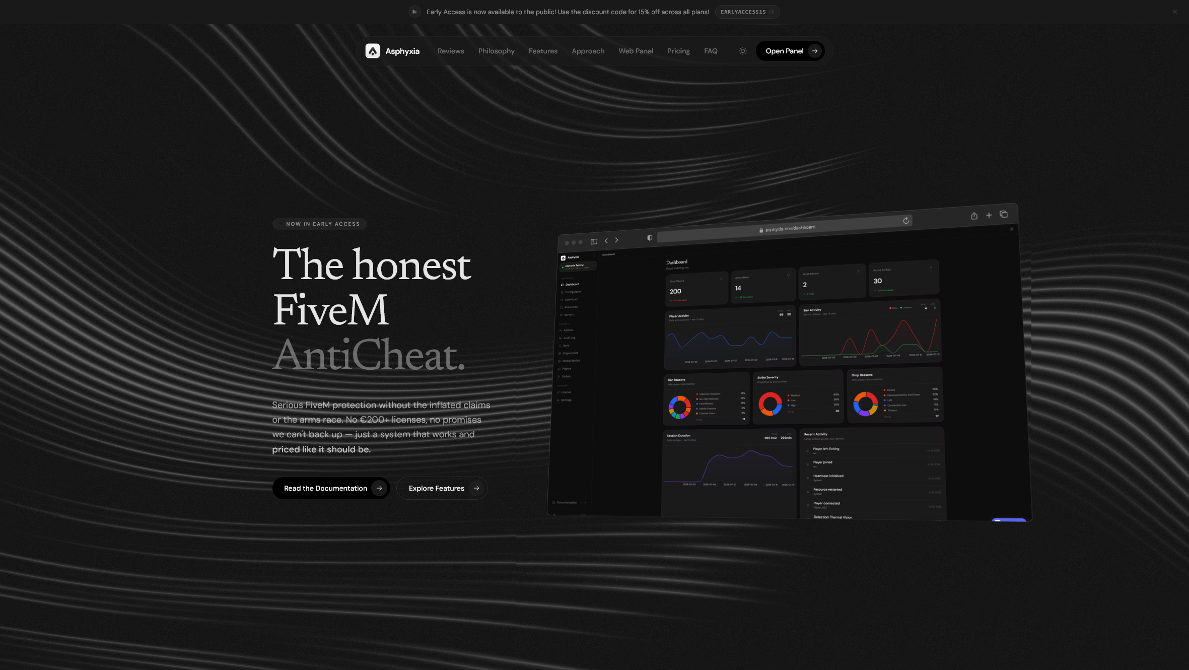 The Asphyxia homepage, showing the product headline beside a screenshot of the web dashboard